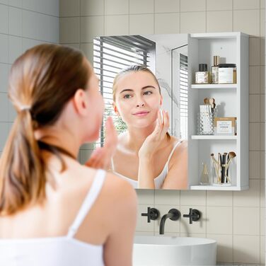 Bathroom cabinet with mirror, mirror cabinet for the bathroom wall-mounted with toothbrush holder and adjustable shelves, ventilation design, 65 x 15 x 65 cm, White