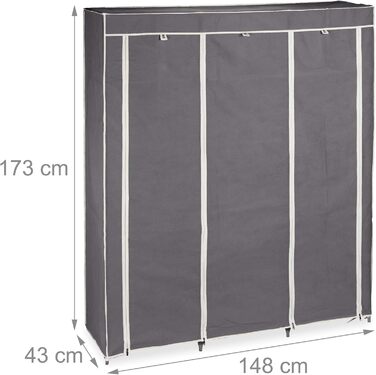 Relaxdays Fabric Clothes Closet, 9 Compartments, 2 Clothes Rails, HBT: 173 x 148 x 43 cm, Camping, Basement, Folding Closet, Anthracite, Fabric, 10019122-139