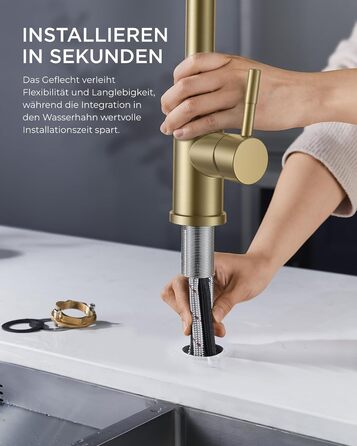 Кран кухонний FORIOUS з висувною лійкою, 360° обертання, 2 режими, шліфоване золото