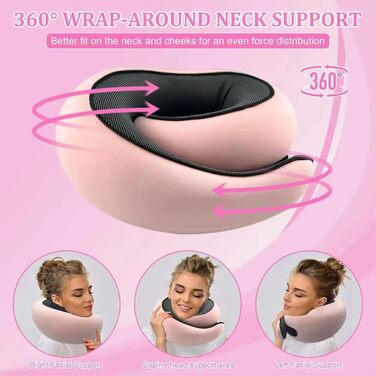 Подушка для шиї Rose - ергономічна, з піною з пам'яті, для подорожей, з маскою для очей та навушниками, рожева
