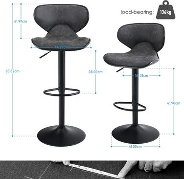 ALPHA HOME 2-Piece Bar Stool Set with Backrest and Footrest - Adjustable Swivel Gas Lift PU Leather Kitchen Bar Stools for Counter, Kitchen & Home (Gray)