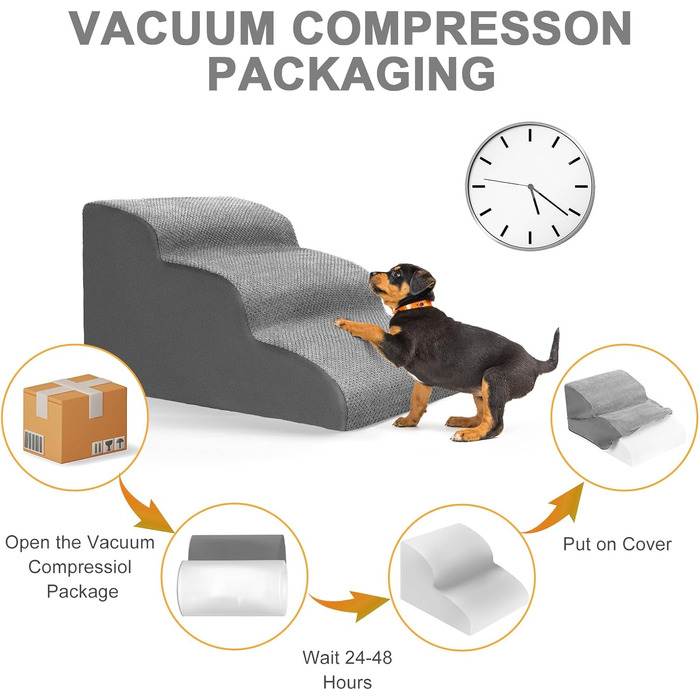 Dog stairs for small dogs, 3 steps pet stairs, cat stairs, sponge dog ramp for sofa bed, dog steps with removable cover, washable pet ladder, lint roller included, grey