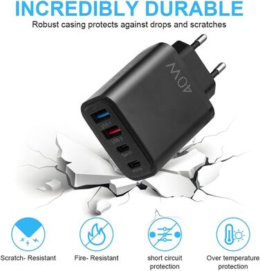 Мережевий адаптер AXFEE 65W з 5 портами: USB-C та USB-A, швидка зарядка PD 3.0, для iPhone 14 Pro Max 13, чорний