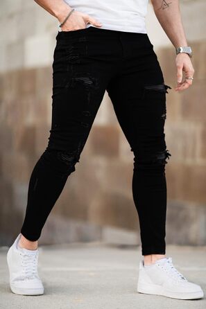 Чоловічі рвані джинси GINGTTO Skinny Stretch Slim Fit (Чорні, 34W/30L)