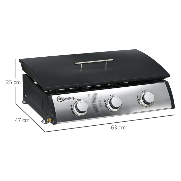 Газовий гриль Outsunny, гриль для столу BBQ з 3 пальниками, газовий гриль зі шлангом, кришкою, гриль для кемпінгу для саду, нержавіюча сталь, метал, чорний, 63 x 47 x 25 см | Aosom