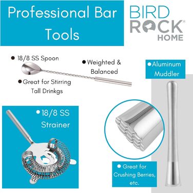 Професійний барний набір BirdRock Home з дерев'яною підставкою (10 предметів) | Акція | Нержавіюча сталь | Подарунок для чоловіка