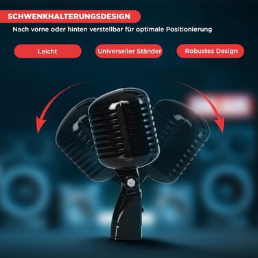 Мікрофон Pyle Динамічний Ретро-стиль, для вокалу та запису, з XLR-кабелем 4.88м, сумісний зі стандартним кріпленням, чорний