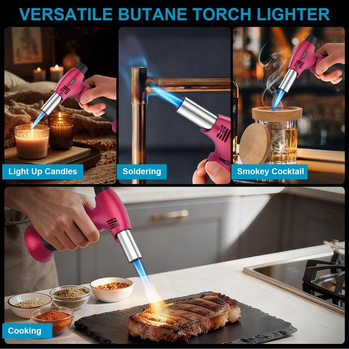 Нагрівач для крем-брюле, перезавантажуваний, рожево-чорний. Міні-нагрівач з безпечним закриттям та регульованим полум'ям для десертів, крем-брюле, барбекю. (Бутан не входить до комплекту)