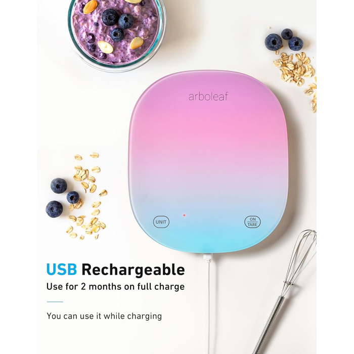 Кухонні ваги Arboleaf Digital з додатком, 10 кг/0.5 г, Bluetooth, підрахунок калорій, USB-зарядка, точна вага з термостійкого скла та функцією тарування (білий, кольоровий)