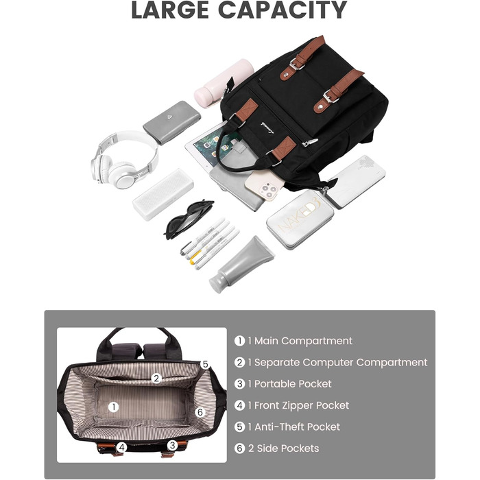LOVEVOOK Рюкзак жіночий великий, водонепроникний, для подорожей, ручної поклажі, з відділенням для ноутбука 14 дюймів, чорно-коричневий