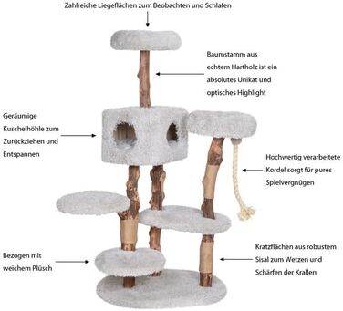 Преміум котячий будиночок Dehner Lovely з когтеточками | Будинок, лежанка, когтедрап | Дерево, плюш, сизаль | Для великих та маленьких котів | Стабільний, сучасний, сірий | 80 x 164 x 60 см