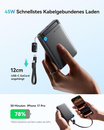 INIU Power Bank Magsafe 10000mAh 45W Qi2, чорний. З кабелем USB-C та підставкою, для iPhone 17/16/15/14/13
