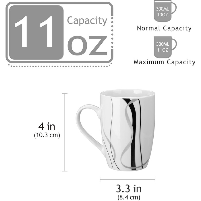 VEWEET Porcelain Coffee Cups 'Fiona' 6-Piece Set | Capacity 350 ml, Height 10.2 cm | Complement to the 'Fiona' tableware set | Coffee cups and teacups for 6 people