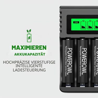 Зарядний пристрій POWEROWL з 8 акумуляторами: 4 AA 2800mAh + 4 AAA 1000mAh Ni-MH для швидкої зарядки