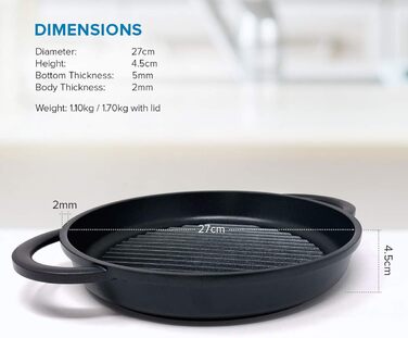 Гриль-сковорода Joeji's Kitchen 27 см з кришкою, алюмінієва, антипригарна, для індукції, без ПФОК, для стейків та смаження