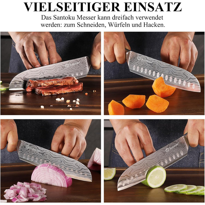 Японський ніж Sunnecko Santoku 17см - професійний кухонний ніж для приготування їжі, ніж шеф-кухаря, ніж для овочів та м'яса