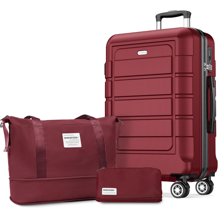 Чемодан SHOWKOO з жорстким корпусом, XL, червоний (Set): розширюваний, з TSA-замком, 4 колеса, з набором аксесуарів (сумка для подорожей, туалетна сумка)