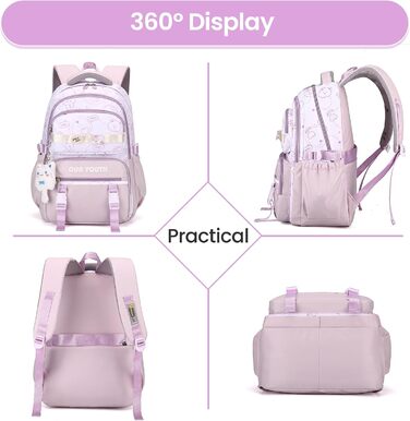 Дитячий рюкзак IvyH для дівчаток: водонепроникний, велика місткість, 2-6 клас, для школи, гімназії, університету, фіолетовий