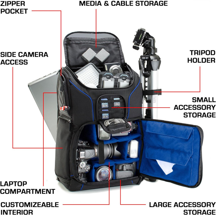 Рюкзак для камери USA Gear DSLR, фоторюкзак з захистом від ударів, відділенням для ноутбука 43,18 см, водонепроникний, з регульованим відділенням для об'єктивів та кріпленням для штатива, блакитний