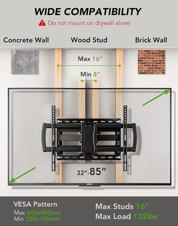 Adjustable TV Wall Mount for LED, LCD, OLED, and Plasma TVs - 26-65 Inch, Up to 50kg, VESA 400x400mm, Black