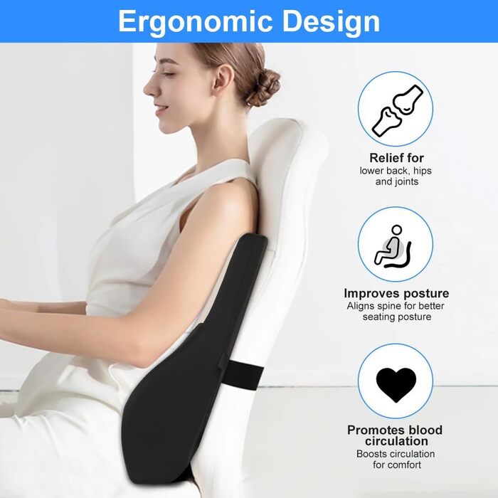 Подушка для спини з піни Memory Foam Schaum: ергономічна підтримка попереку для офісного крісла, авто та робочого столу, чорно-сіра
