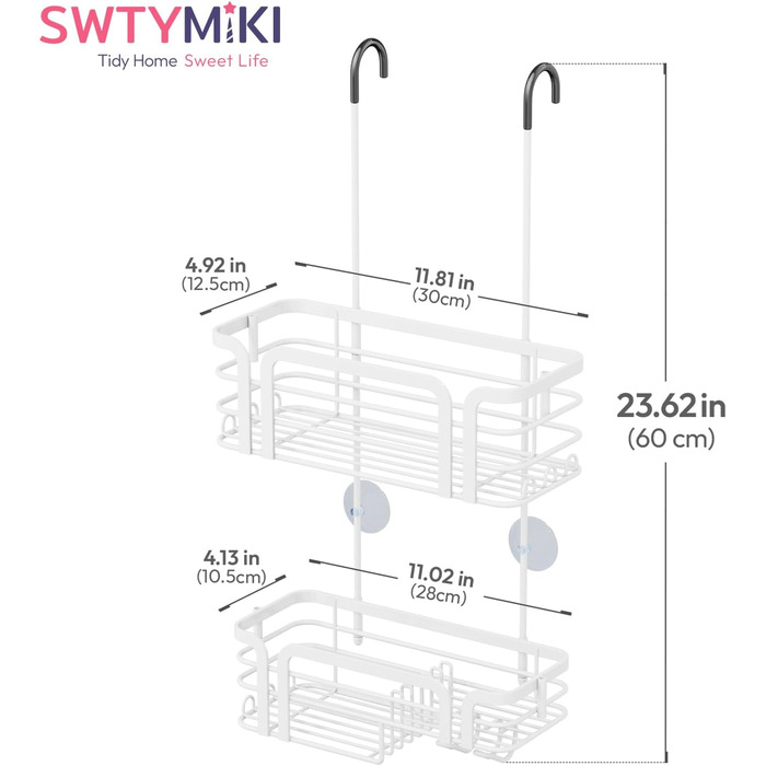 Поличка для душу SWTYMIKI: нержавіюча сталь, 11 гачків, 2 способи встановлення, аксесуари для душу (біла)