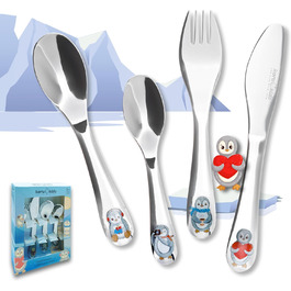 Набір дитячого столового прибору Koru Kids® Kinderbesteck Pinguin (4 шт.) з нержавіючої сталі – столовий прилад для навчання дітей, придатний для миття в посудомийній машині