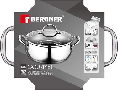 Каструля BERGNER Gourmet 8 л з кришкою, нержавіюча сталь, для всіх типів плит, ергономічні ручки