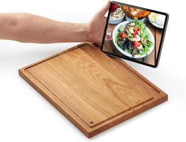 Edelding Cutting and Serving Board made of high-quality oak, 40 x 30 cm in size, with a juice groove and tablet holder | Antibacterial kitchen board | Serving board, breakfast board, solid wood board