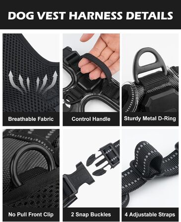 Світловідбиваючий нашийник для собак Joytale з LED, перезаряджуваний, для середніх собак, не тягне, з ручкою, регульований, для нічних прогулянок, чорно-синій, M (1 шт.)