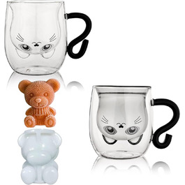 Set of 2 cute cat mugs, cute cat teacup, 250ml double-walled glass, cat mugs with handle, beer mugs, cute birthday gifts for women and men (pack of 2, black+white)