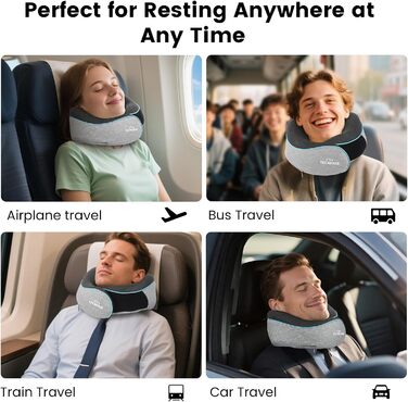 Подушка для шиї у літак Memory Foam з підтримкою 360°, набір для подорожей (очна маска, навушники, чохол), сіра