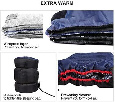REDCAMP XL Cotton Sleeping Bag - Warm, Detachable Hood, Flannel Comfort, 3-4 Season - Ideal for Adults & Kids, Camping, Fishing, Outdoor Use - Blue (2lbs/3lbs Fill)