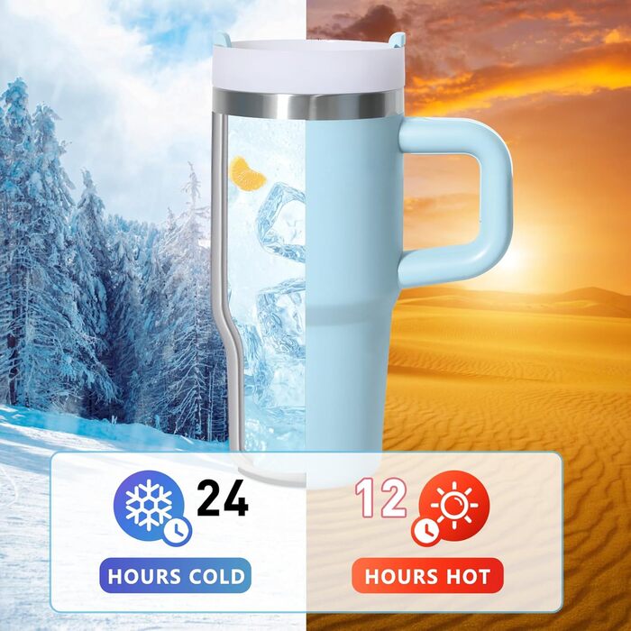 Термокружка ZAKVOP 410мл з соломкою, з кришкою та ручкою, для гарячих та холодних напоїв, блакитна