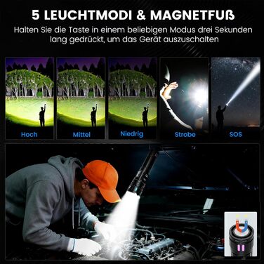 Ліхтар LED VASTFIRE 500000 люменів, тактичний, водонепроникний IP67, з LCD дисплеєм та магнітом, 30W, чорний