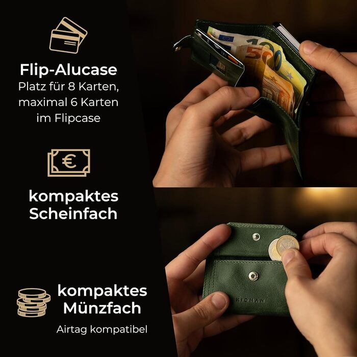Чоловічий шкіряний гаманець KIDMAN Icarus Slim із захистом RFID, алюмінієвим футляром, монетницею, відділенням для купюр, на 8 карт, зелений