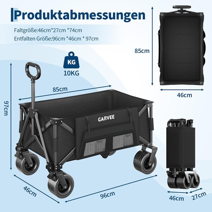 Візок-теліжка складний GarveeLife XXL 200L, 200 кг, гальма, колеса 20 см для пляжу, кемпінгу, саду, чорний