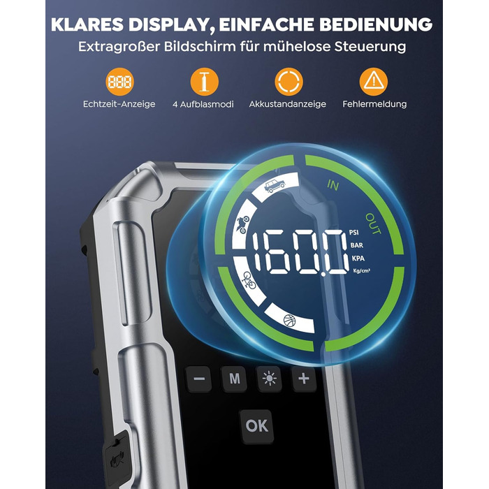 Портативний зарядний пристрій Starthilfe 8000A з компресором 160PSI, 12V для автомобілів, 20000mAh, LED-ліхтар 600 Lumen, LCD-дисплей, сріблястий