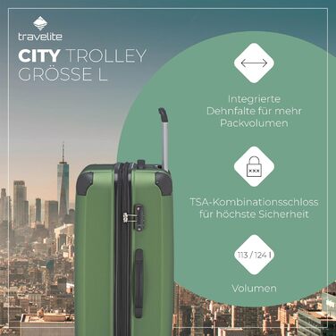 Чемодан Travelite CITY з жорстким корпусом, розширюваний, 77 см, 113-124 л, зелений, з TSA замком