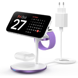 3-в-1 Індукційна Зарядка для Кілька Пристроїв, 15W MagSafe, iPhone 15/14, iWatch Ultra/Series 9/8, AirPods, Білий/Фіолетовий