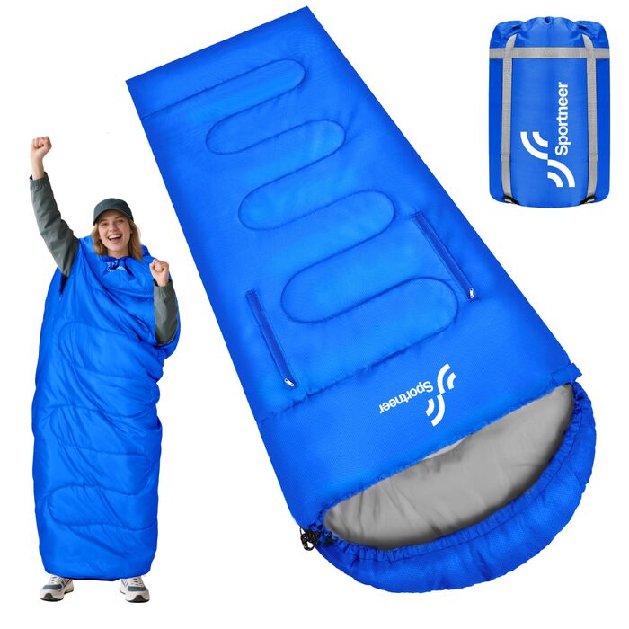 Спальний мішок Sportneer Outdoor для дорослих, теплий ковдру-спальник на 3-4 сезони для кемпінгу та подорожей (220x85 см, синій, 10-26 °C)