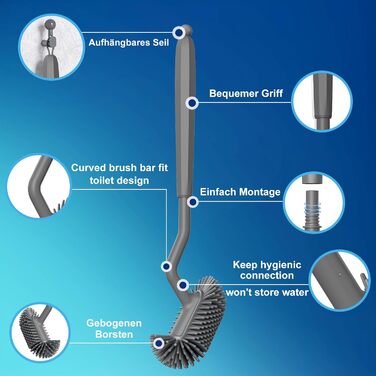 Силіконова щітка для унітазу HAMITOR з тримачем: гнучка щітка для унітазу з очищувачем країв - швидковисихаючий набір щіток для унітазу з тримачем для аксесуарів у ванну кімнату, підвісна щітка для унітазу сірого кольору, без свердління, 1 шт.