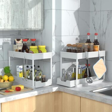 DEKAVA Kitchen Organizer, 2 Under Sink Shelf, Closet Kitchen Organizer with 4 Hooks, Closet Basket for Kitchen, Bathroom, Cleaning Supplies, Detergent (White/Opulent Garden)