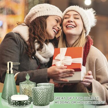 Набір аксесуарів для ванної кімнати зі скла, 5 предметів, зелений, вінтажний стиль. Включає: миловарку, 2 склянки, тримач для зубних щіток, миловарку та піднос для мила.