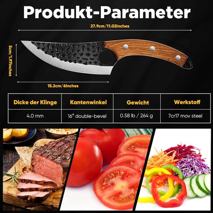 Ніж кухарський OOKUU, м'ясний тесак з точилкою та шкіряною піхвою, професійний ніж для обвалювання, гострі кухарські ножі в японському стилі, тесак для кухні на відкритому повітрі