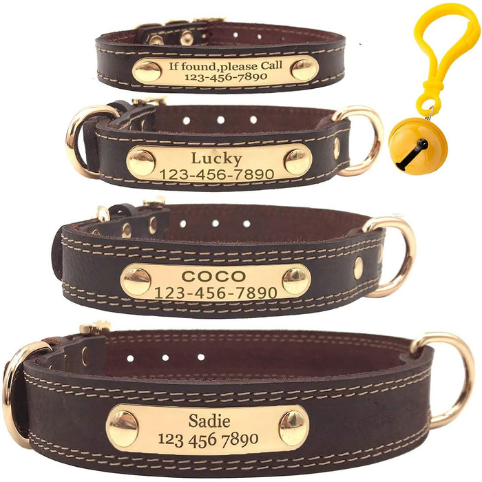 Персоналізоване шкіряне нашийник для собак з гравіюванням імені та номером телефону, ідентифікаційний нашийник для собак, підходить для собак маленьких, середніх та великих порід, L (ширина 3 см, обхват шиї 50–60 см), Колір: Коричневий