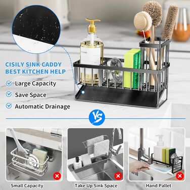 Cisily Kitchen Sink Caddy Organizer with Tall Brush Holder, Sponge Holder for Sink, 304 Stainless Steel, Kitchen Countertop, Soap Dispenser, Organizer, Kitchen Decoration and Accessories