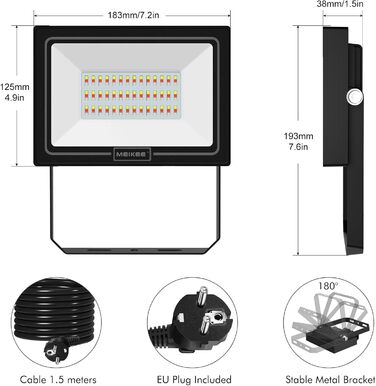 MEIKEE 60W RGB Floodlight with Remote Control, 30 Modes, 10 Colors, Timer, RGB Floodlight, IP66 Waterproof, 6 Brightness Levels, Spotlight, Colorful, Christmas, Halloween, Party, LED Floodlight, Decorative, 2 Pieces (1pc)