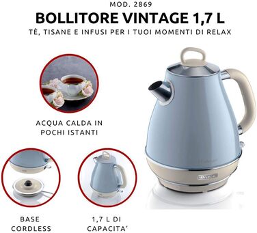 Ariete Vintage Blue Electric Kettle - 1.7L Stainless Steel, 2000W with 360° Swivel Base & Water Level Indicator
