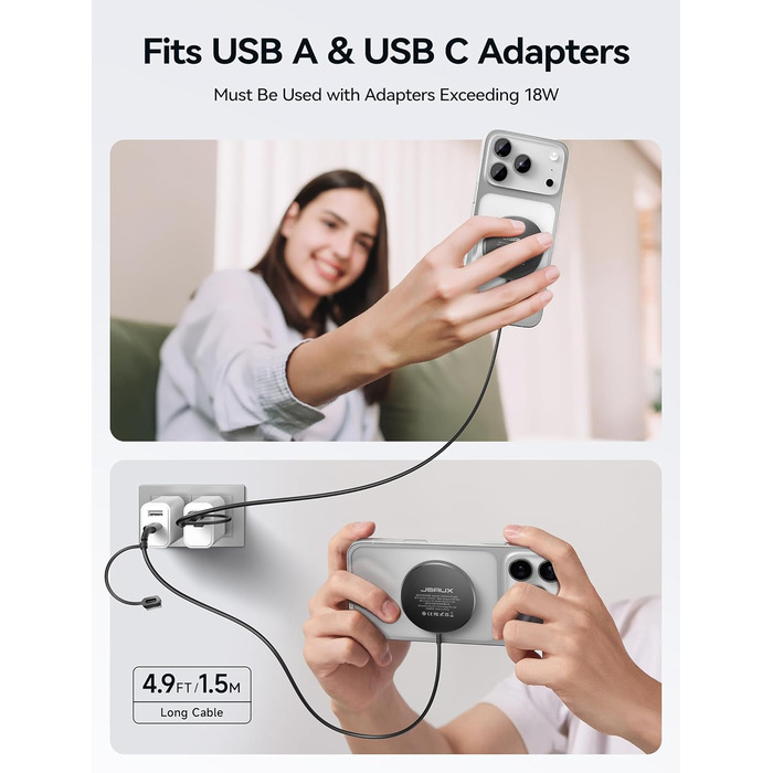 Бездротовий зарядний пристрій JSAUX MagSafe 15W, сумісний з iPhone 17 Air Pro Max, iPhone 16/15/14/13/12, AirPods 3/2, колір: синій (чорний)